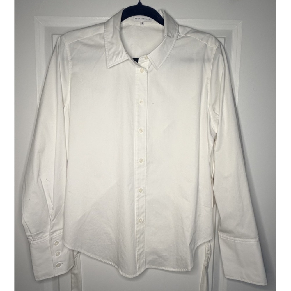 Good American White Poplin Button Down Shirt Size 3 L Tie Waist Open Back NWT